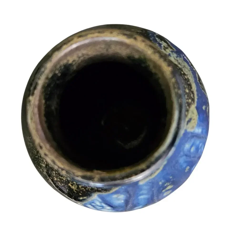 Vintage Studio Art Pottery Drip Glaze Blue Black Stoneware Vase 6in Signed